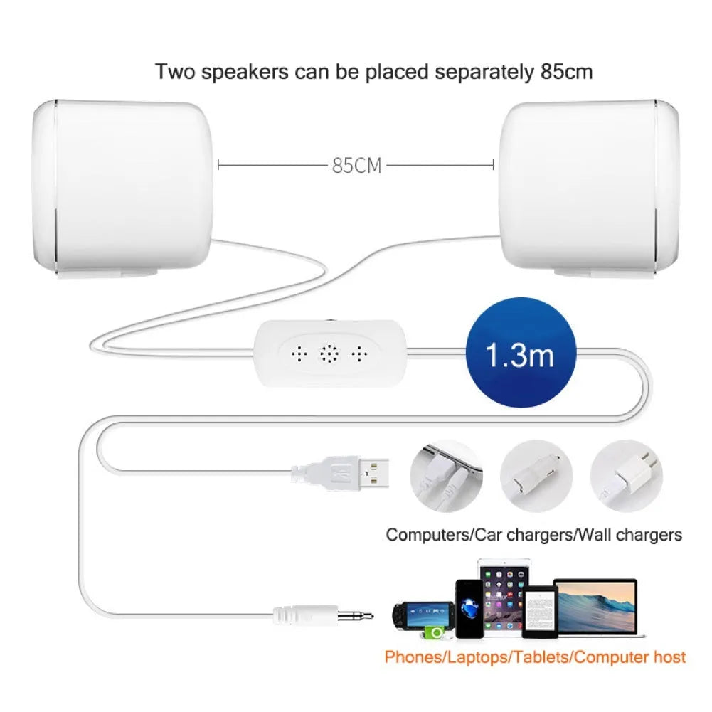 Black and white mini computer speakers with wired 3.5mm connection for desktop audio enhancement