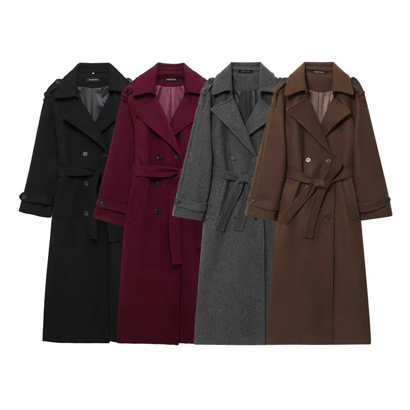 Women's double-breasted long wool coat in black, regular fit, medium thickness, with pockets