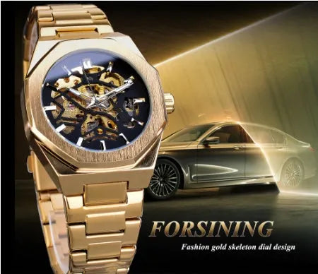 Men's mechanical automatic watch with skeleton dial, stainless steel case, genuine leather band, 41mm diameter
