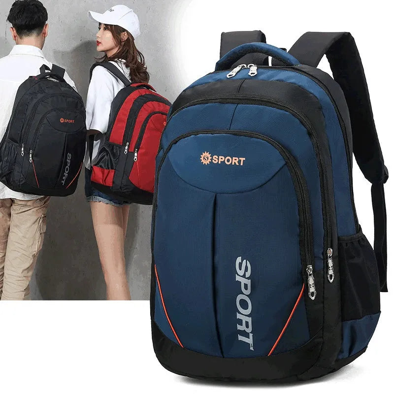 Large black nylon backpack with curved shoulder straps, shown open to display its polyester lining.
