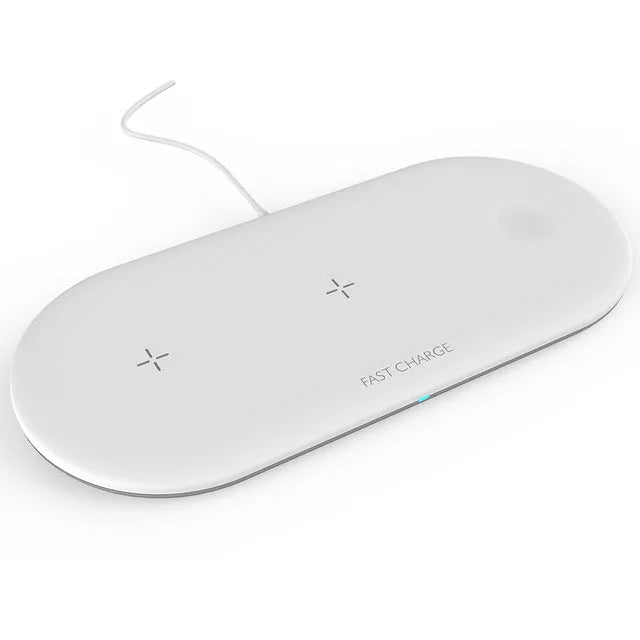Three-in-one wireless charging station for Apple iPhone, Watch and AirPods on desktop