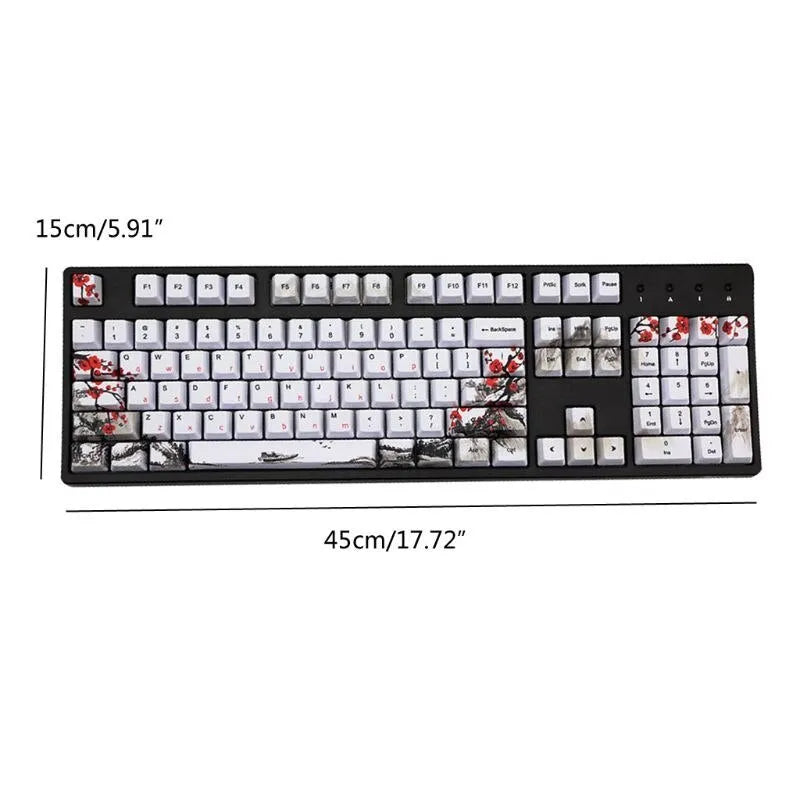 PBT Wangjiang plum blossom design keycap set for mechanical keyboards, showing Korean and Japanese legends.