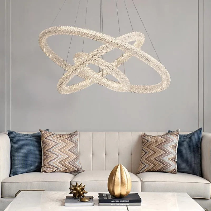 Crystal chandelier with ring lamp design and LED light luxury style on ceiling