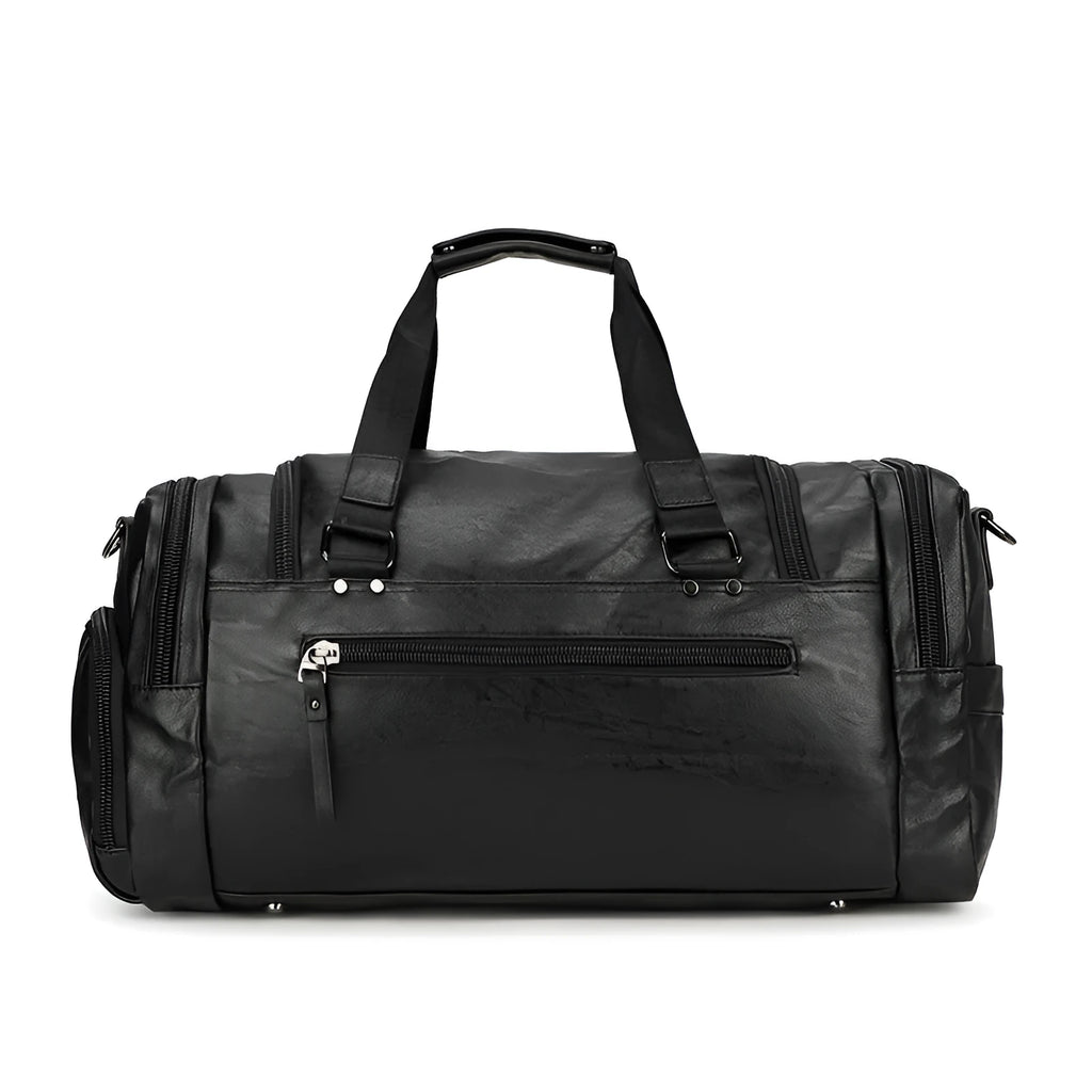 Black travel bag with separate shoe compartment, waterproof PU fabric exterior