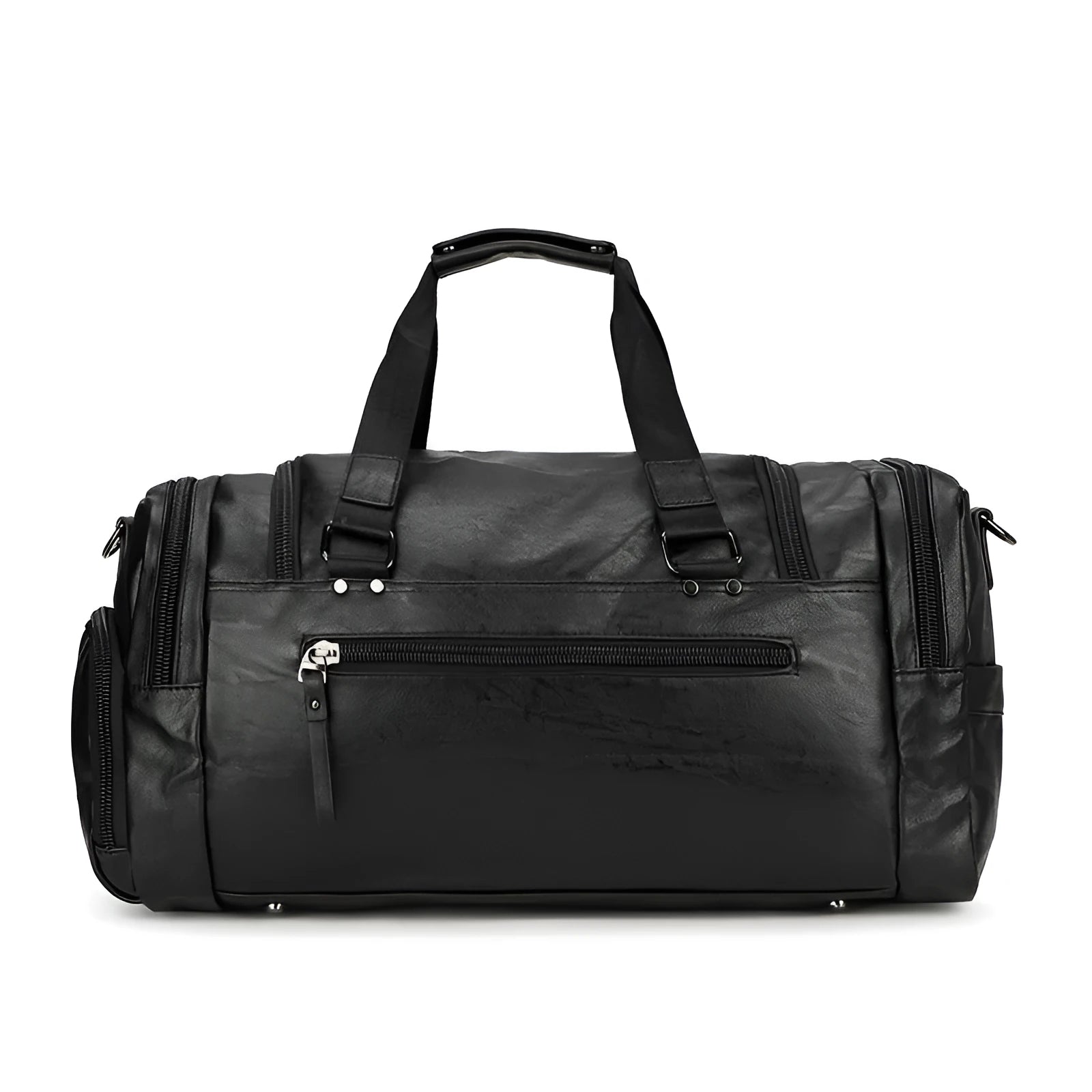 Black travel bag with separate shoe compartment, waterproof PU fabric exterior
