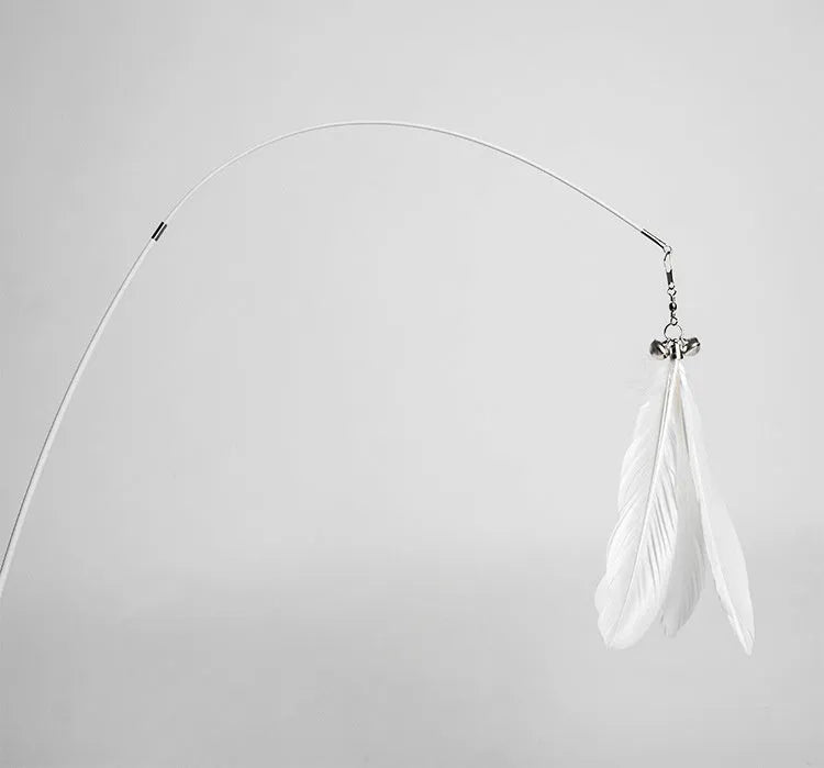 Telescopic cat fishing rod toy with goose feather attachments and a removable bell, shown extended and collapsed.