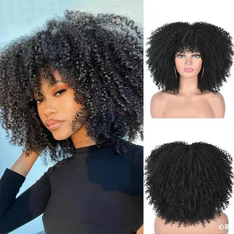 African small curly afro wig headgear in high temperature silk bangs type colour 1B