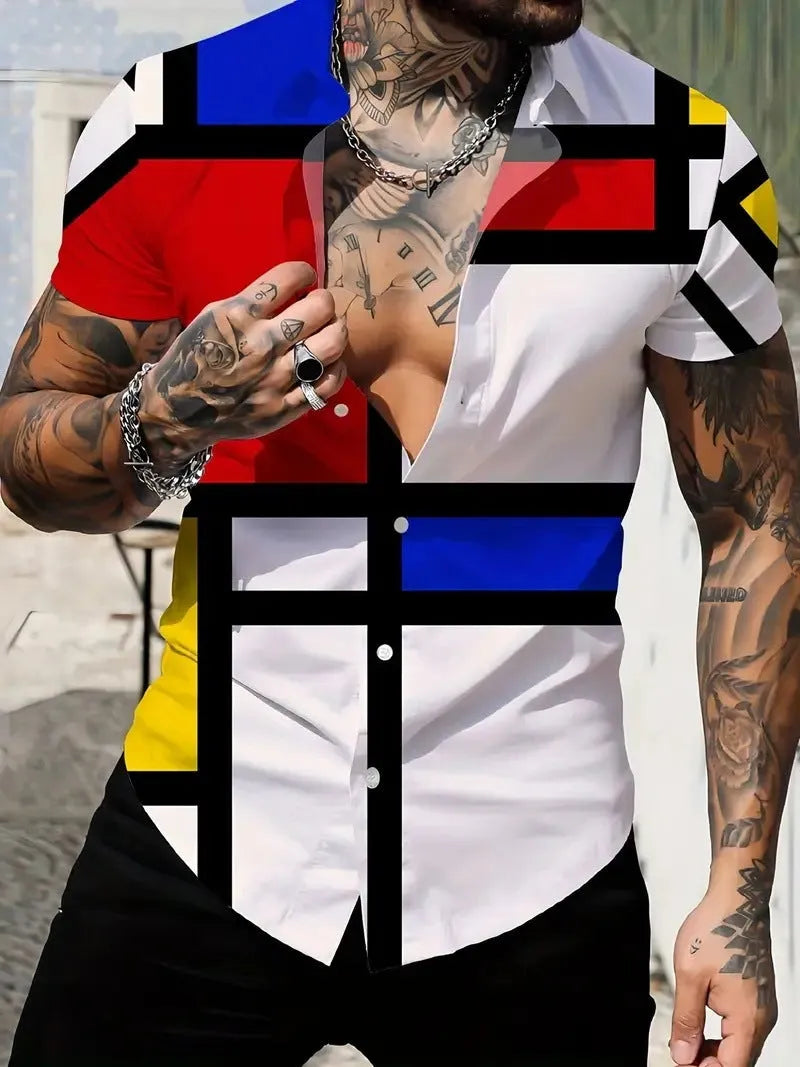Men's slim fit short sleeve shirt with geometric line print design on the lapel.