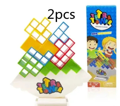 Plastic balance stacking board game with coloured building blocks on chassis for kids and adults