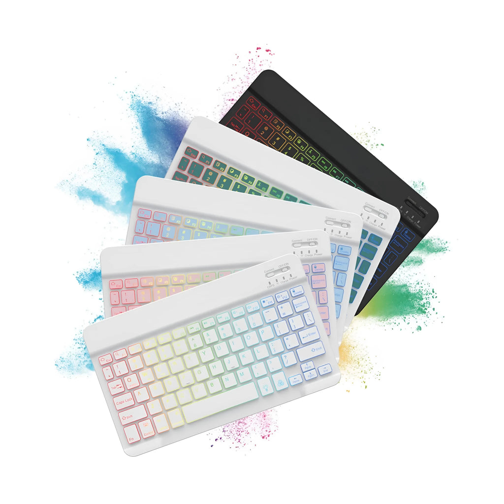 Compact 10-inch black Bluetooth keyboard with colourful LED backlight, shown next to a tablet.