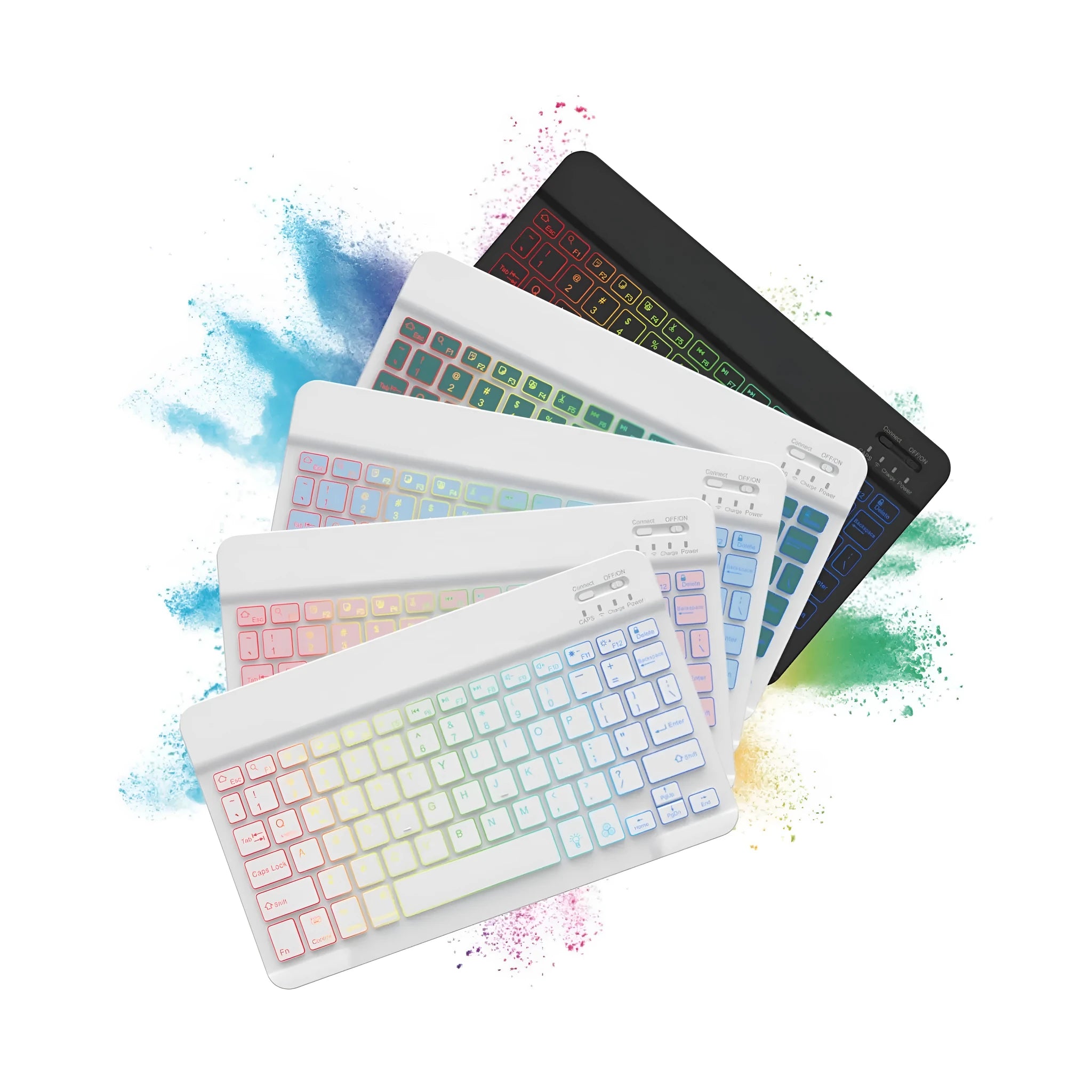 Compact 10-inch black Bluetooth keyboard with colourful LED backlight, shown next to a tablet.