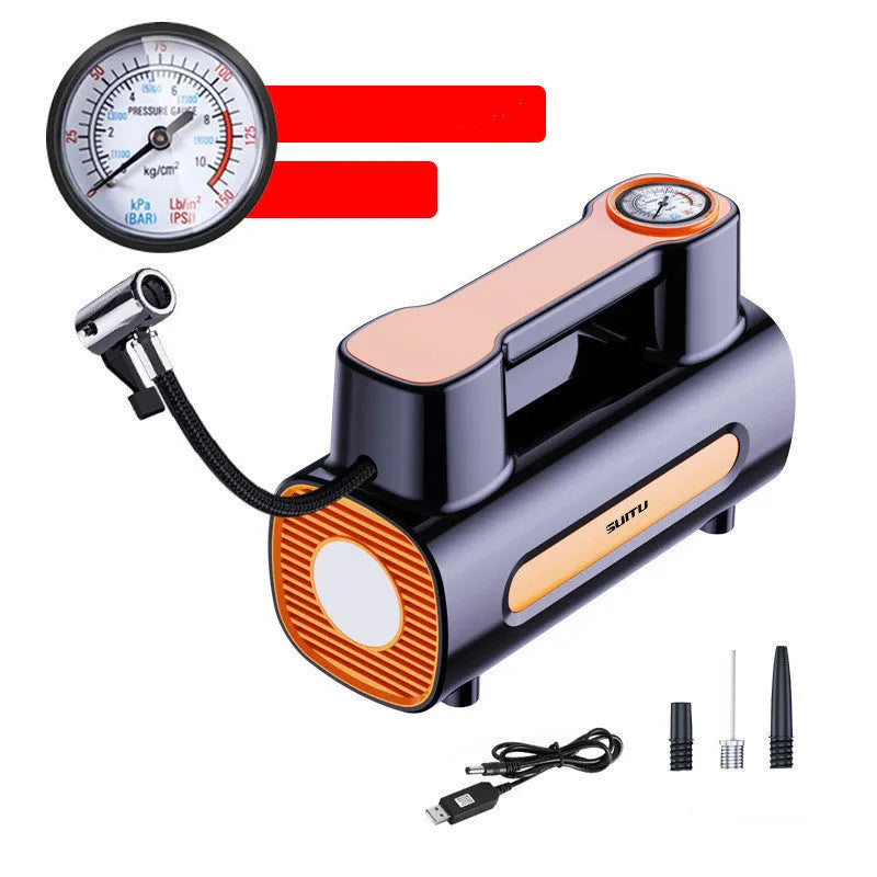 Portable cordless car tyre inflator with digital display showing pressure reading on ABS plastic housing