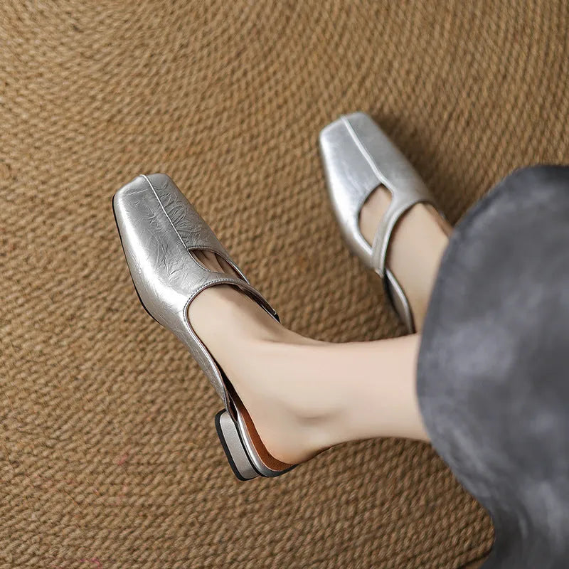 British style square toe slippers with low heel in artificial PU and rubber sole