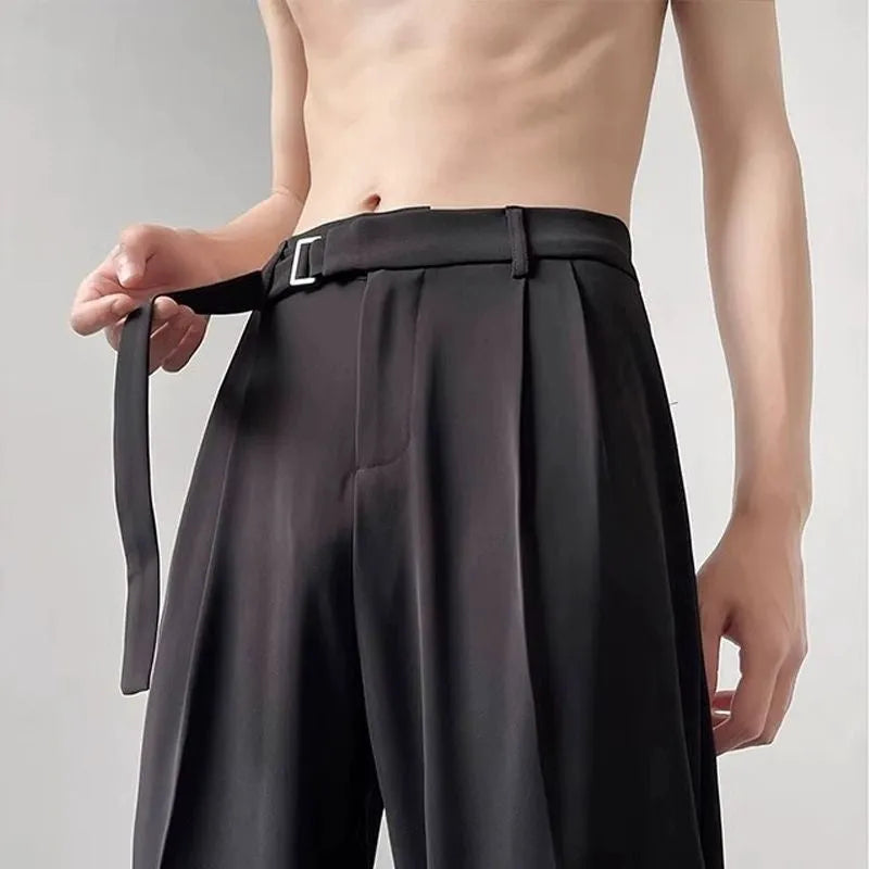 Straight leg wide trousers in black chemical fibre blend fabric with non-ironing finish