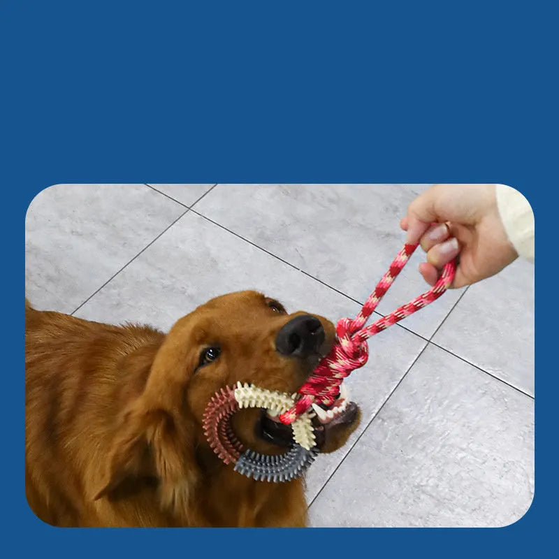 Blue braided rope knot dog chew toy on a white background