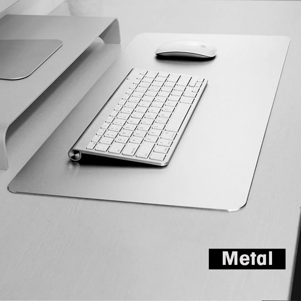 Aluminium alloy metal mouse pad double-sided with wrist support in black, gold, and silver colours, 230x180mm to 600x300mm sizes