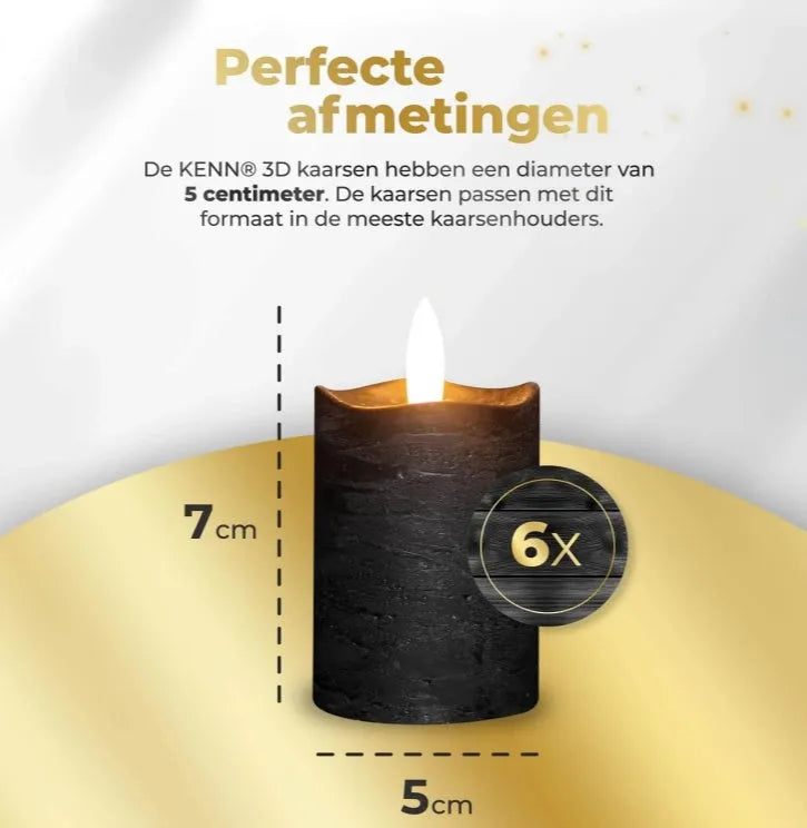 Black S6 LED pillar candle with flameless flickering light, 5 cm diameter and 7 cm tall.