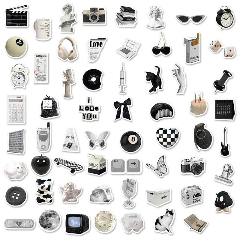 61-piece pack of black and white simple design waterproof PVC stickers for laptops and cups.
