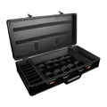 Black hard-shell PVC suitcase for storing hair styling tools like hairdryers and straighteners.