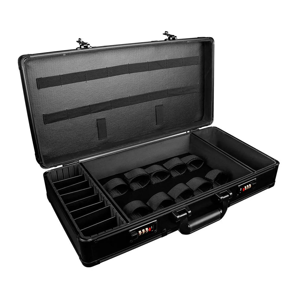 Black hard-shell PVC suitcase for storing hair styling tools like hairdryers and straighteners.