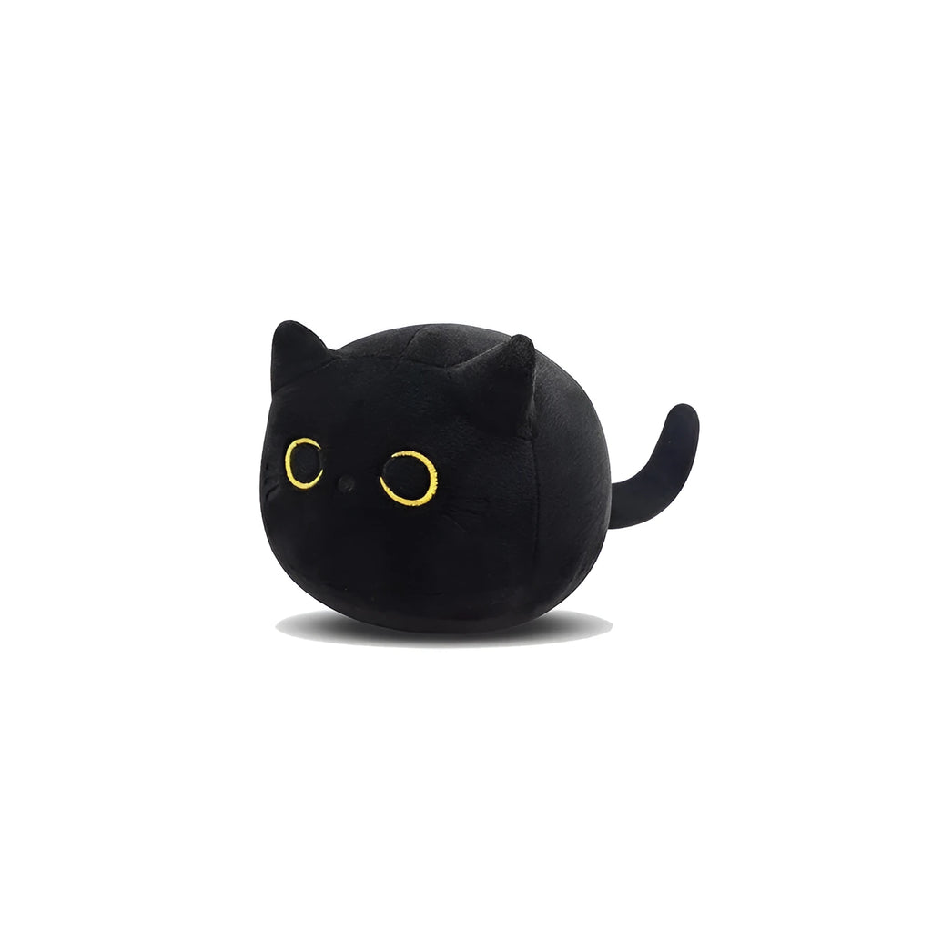 Fluffy black cat plush toy stuffed animal pillow cushion on a neutral background