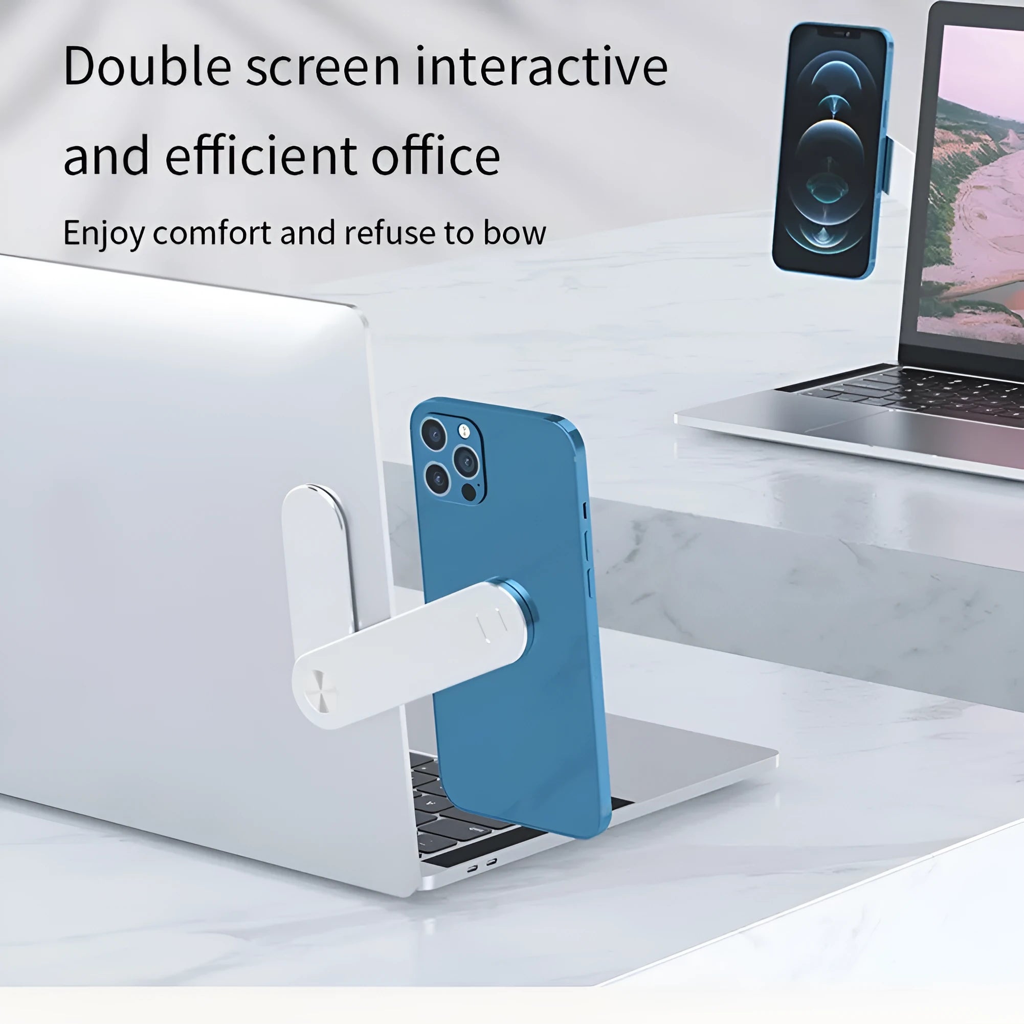 Black magnetic laptop phone holder attached to computer monitor with smartphone mounted