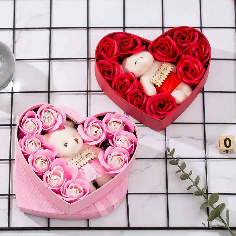 Red heart-shaped gift box containing soap roses for handwashing or bathing