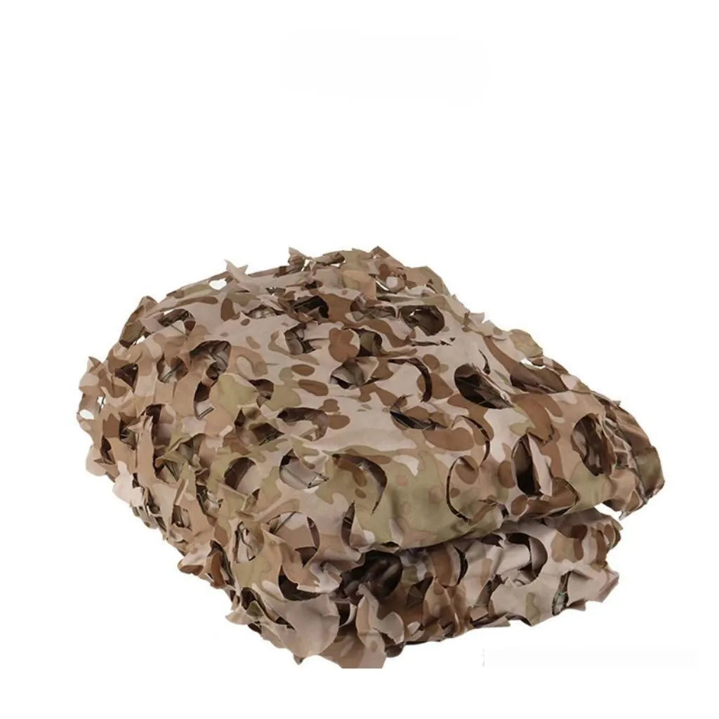 Green and brown camouflage pattern netting draped to create sunshade and visual cover.