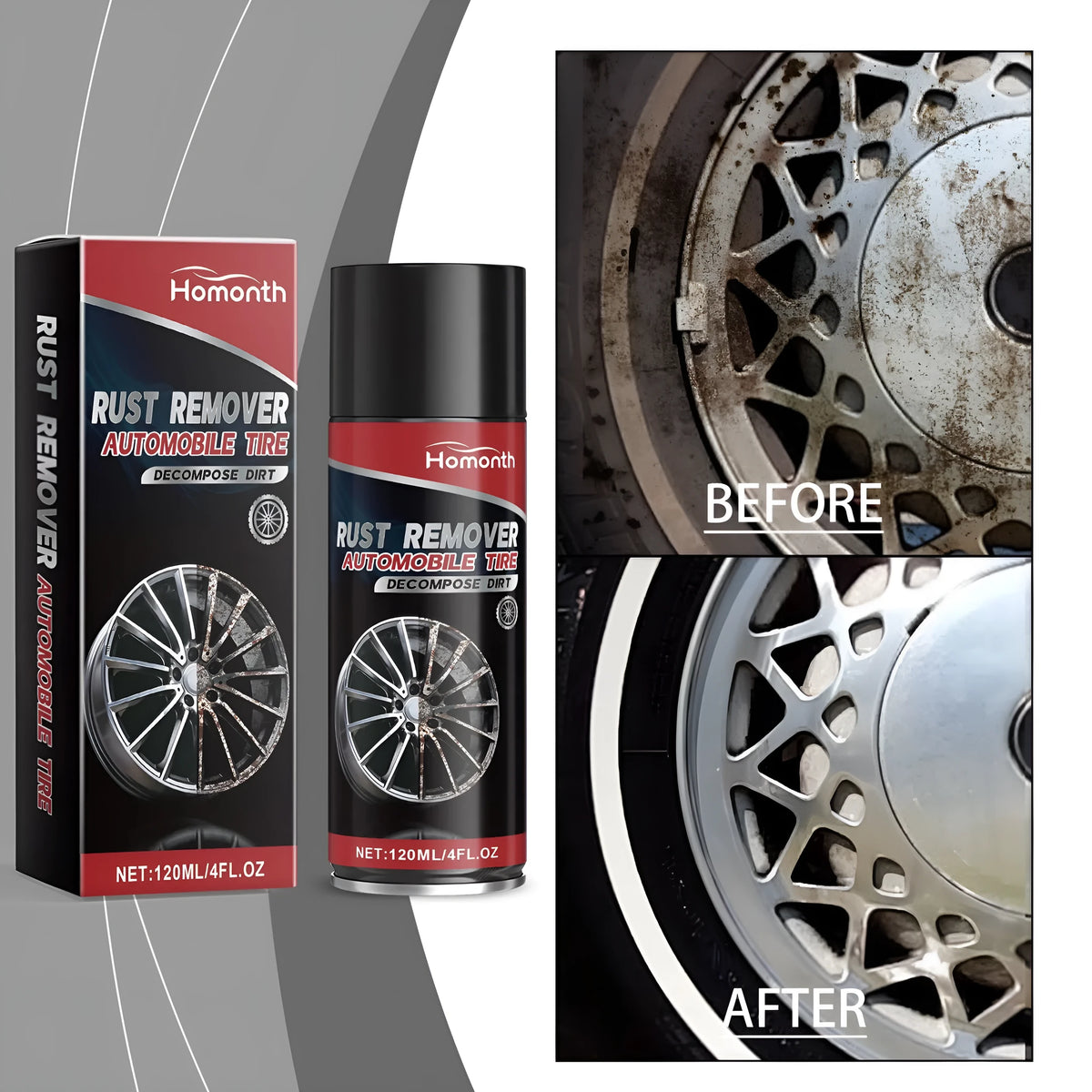 120ml car tyre rust remover bottle with product label and cap on a white background