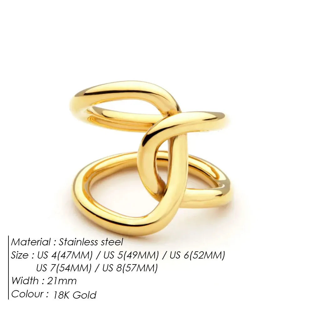 Adjustable knotted stainless steel ring for women in gold or steel colour, showing U-shaped geometric design.