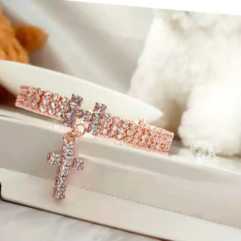 Letter cross pet necklace with zircon and rhinestone inlay, gold or rose gold, adjustable S M L sizes
