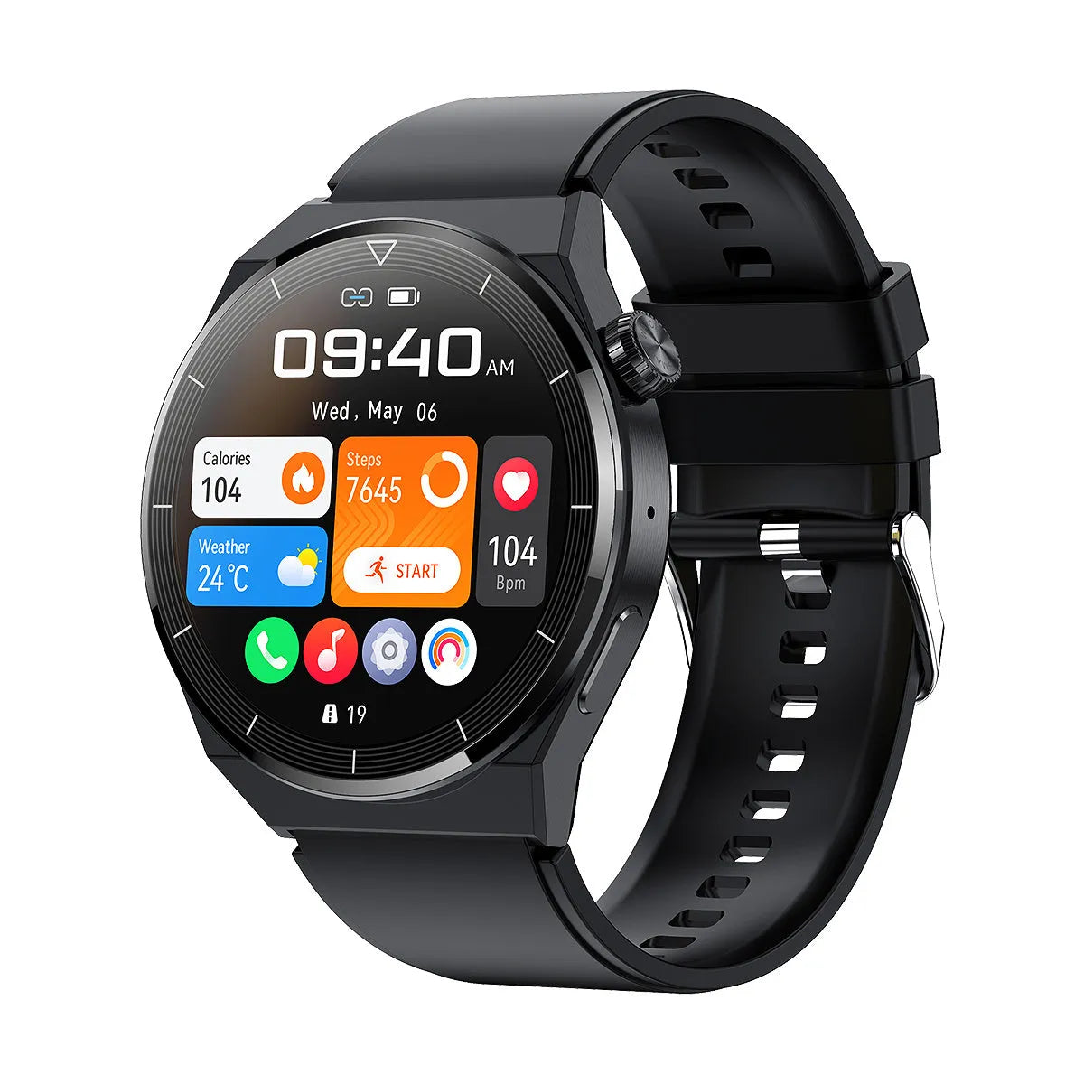 Black smart watch with round touchscreen on a silicone strap, showing call and NFC icons.