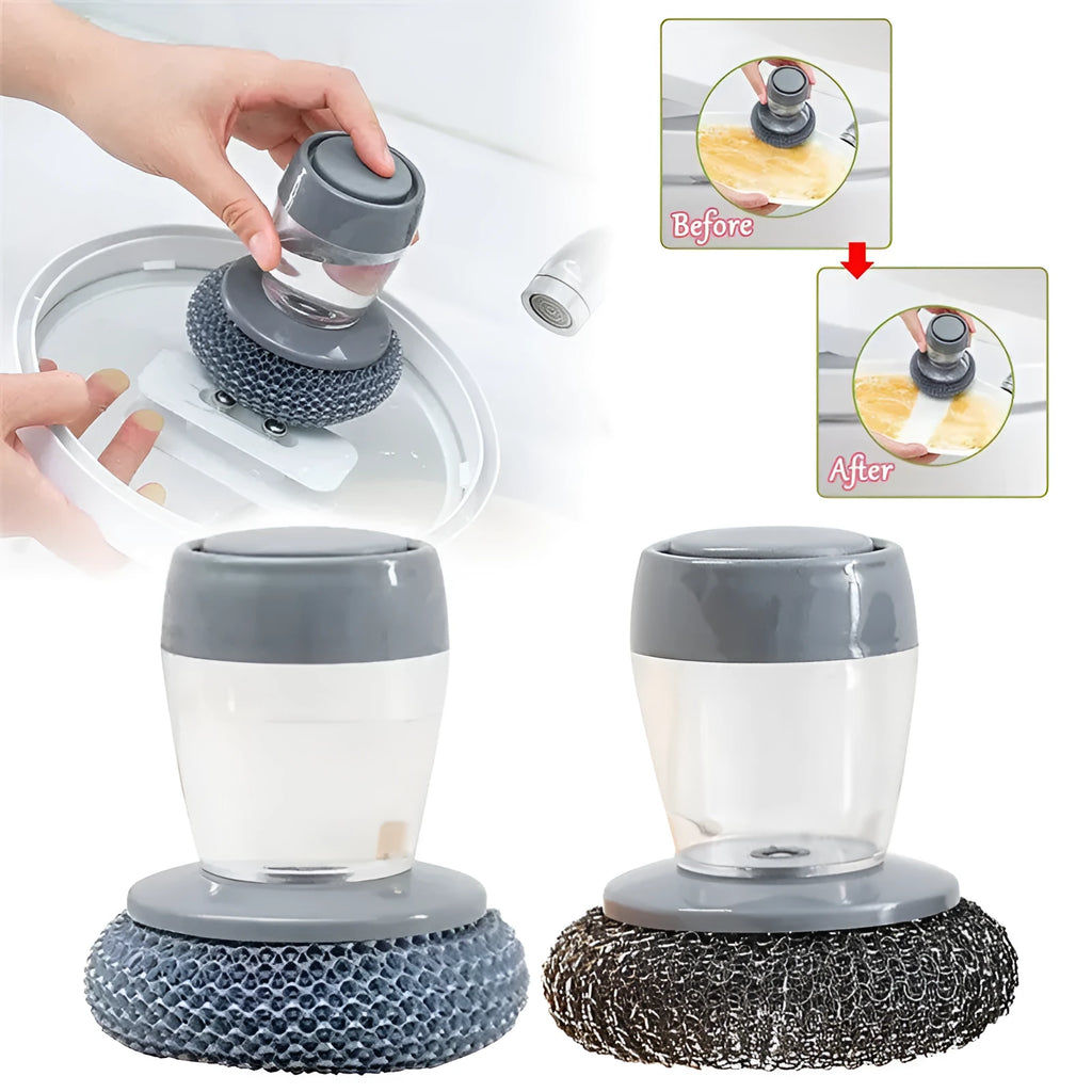 PET kitchen soap dispensing palm brush with push-type mechanism for scrubbing stoves and tiles