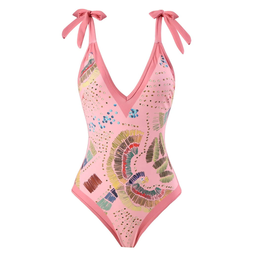 Blue French retro one-piece swimsuit with detachable gauze skirt showing backless design