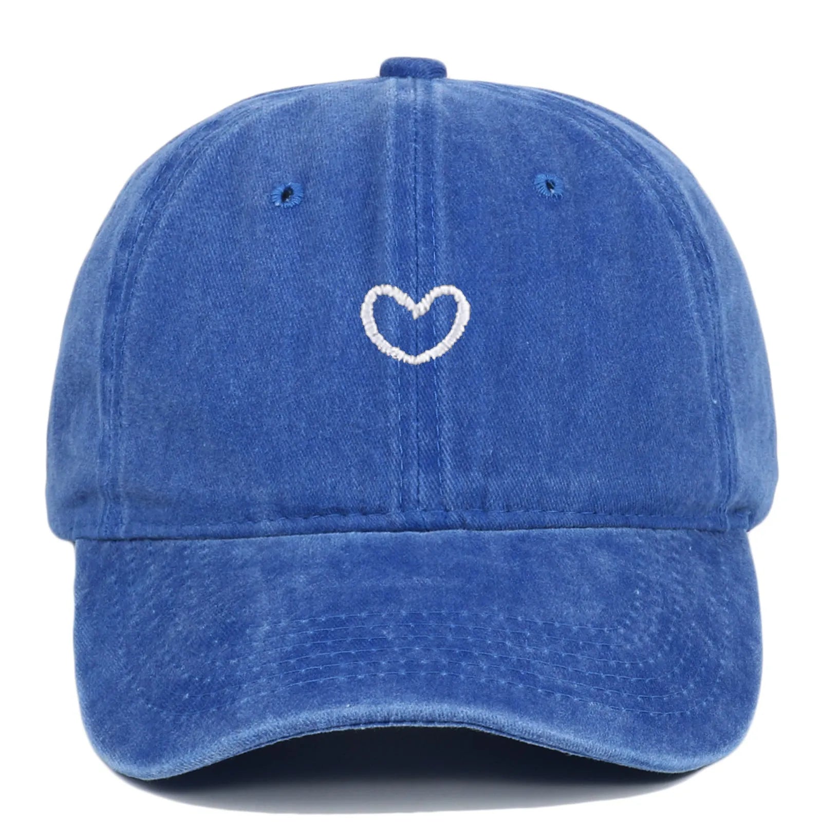 Adjustable cotton baseball cap featuring a distressed embroidered love heart on the front, shown in a selection of colours.