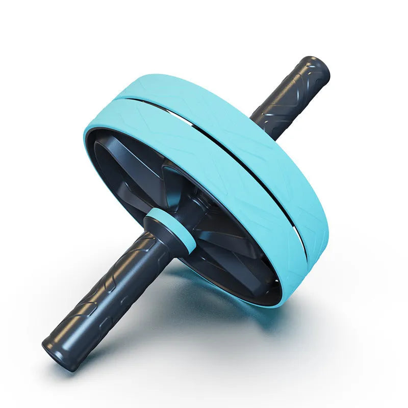 Blue double wheel abdominal roller on floor for core exercises