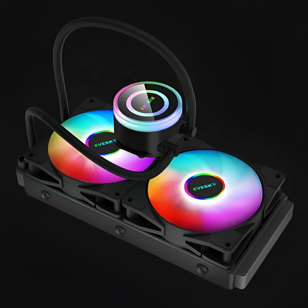 Black aluminium CPU radiator fan with RGB lighting, shown in 120mm, 240mm, and 360mm size options for PC cooling.
