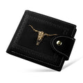 Black animal print men's short wallet with a zipper closure and multiple card slots.