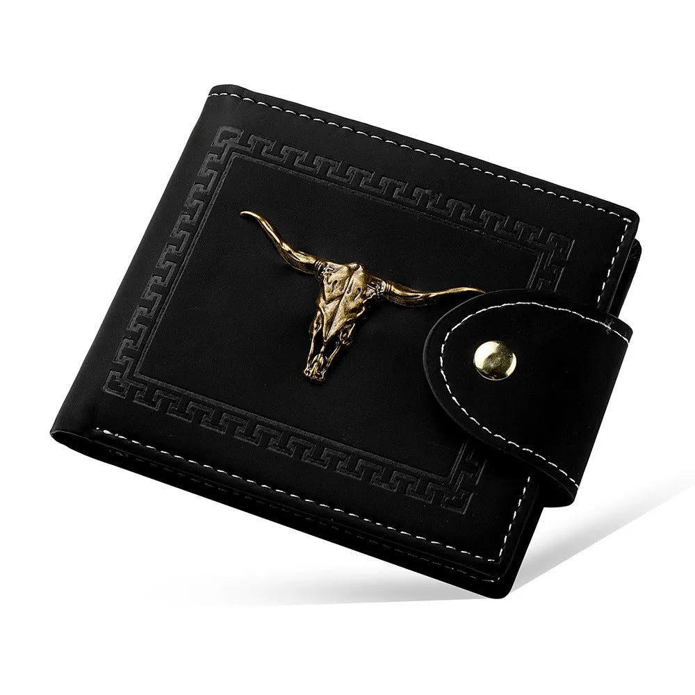 Black animal print men's short wallet with a zipper closure and multiple card slots.
