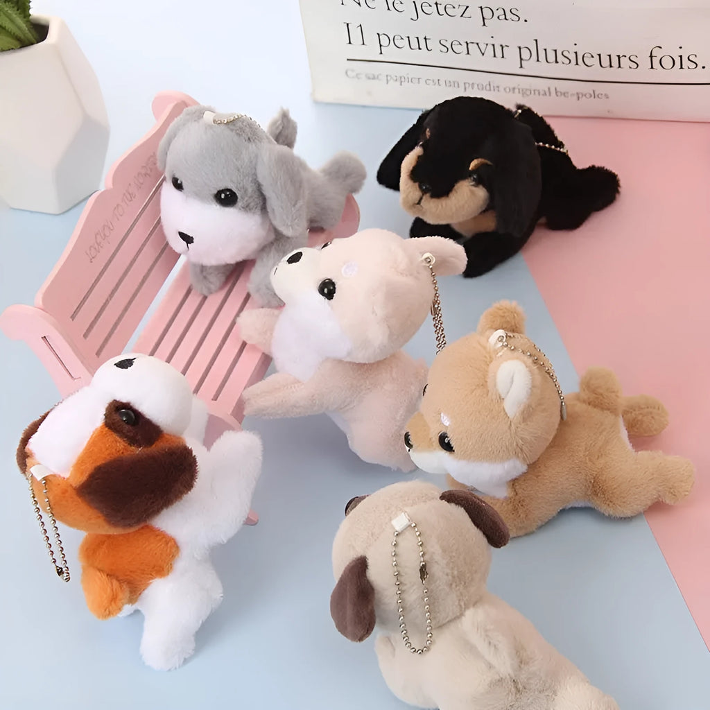 Simulation puppy plush toy pendant 10cm faux fur in light gray colour with net pocket packaging