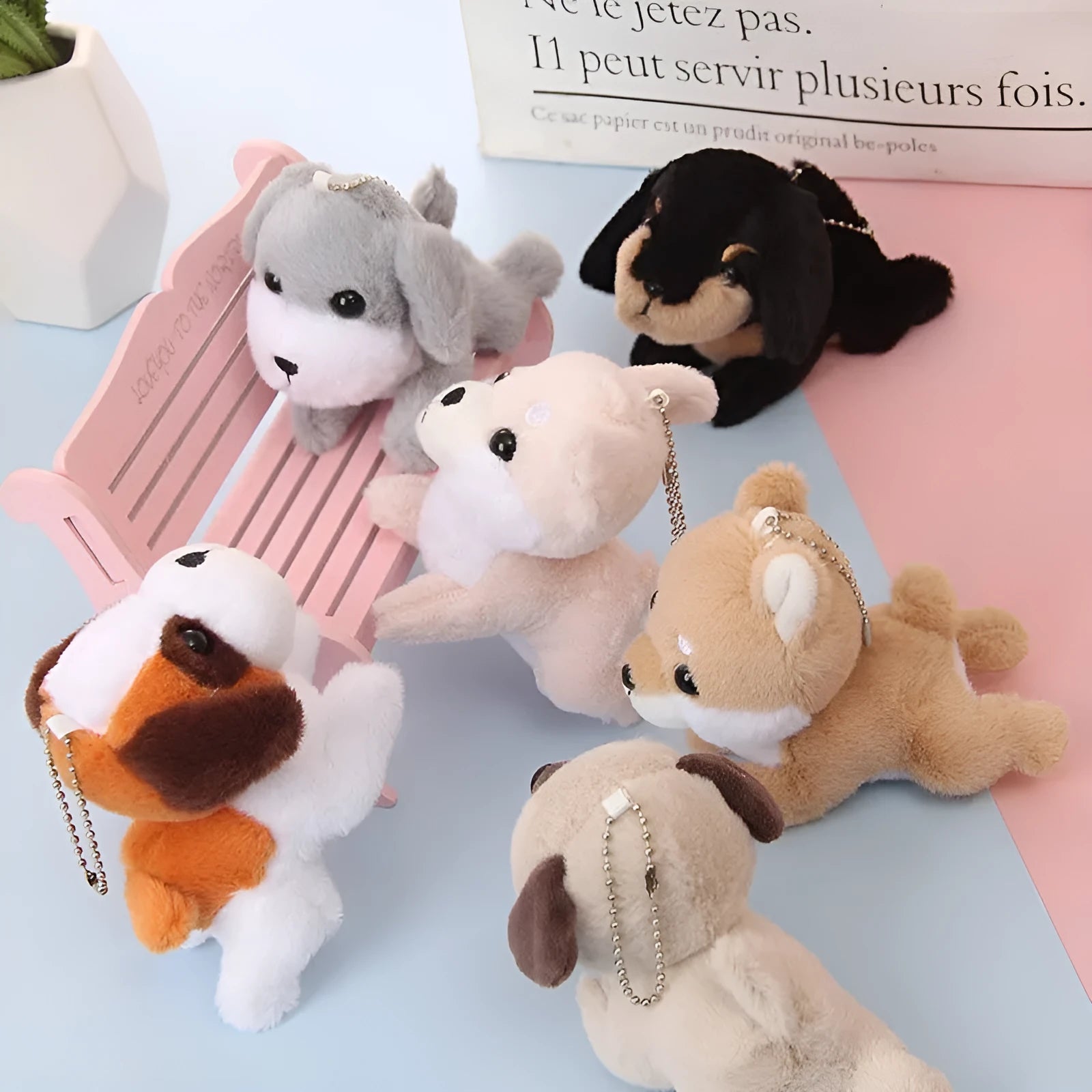 Simulation puppy plush toy pendant 10cm faux fur in light gray colour with net pocket packaging