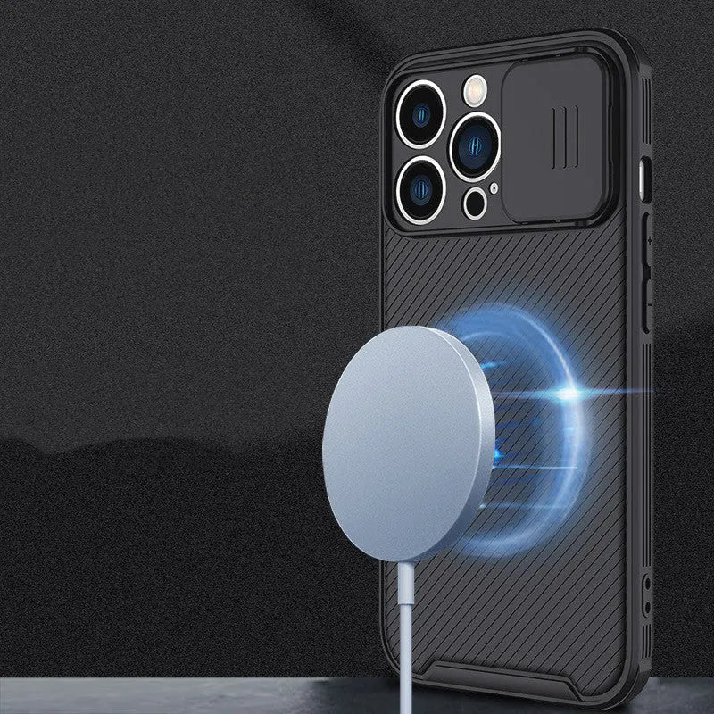 TPU sliding window wireless charging phone case for iPhone 13 and 12 series in black fine hole design