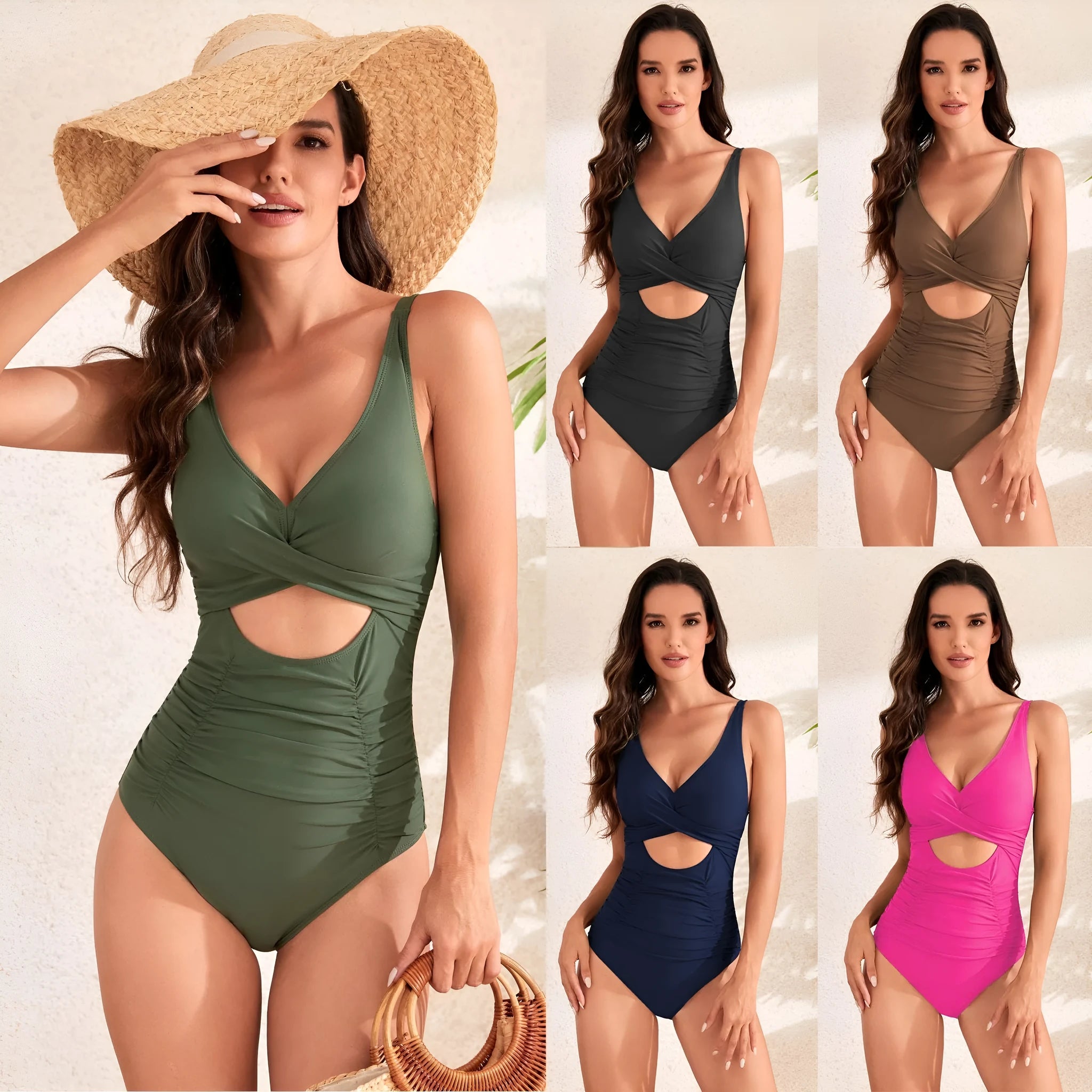 Women's solid colour high-waist one-piece swimsuit with cross pack pleating detail on the front.