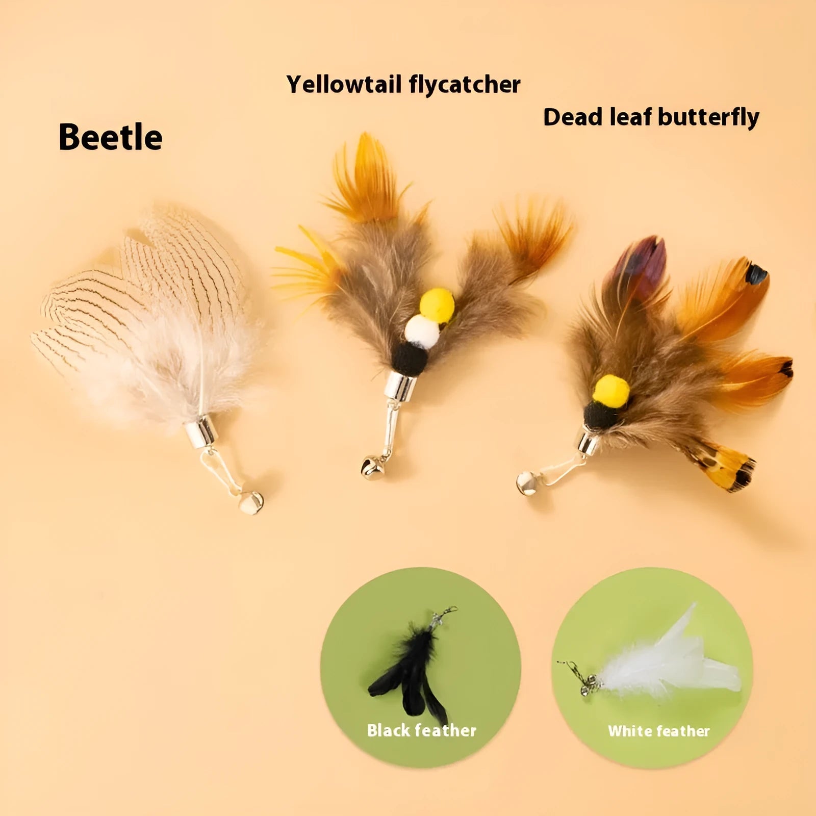 Three steel wire cat toys shaped like small flying insects on a plain background.