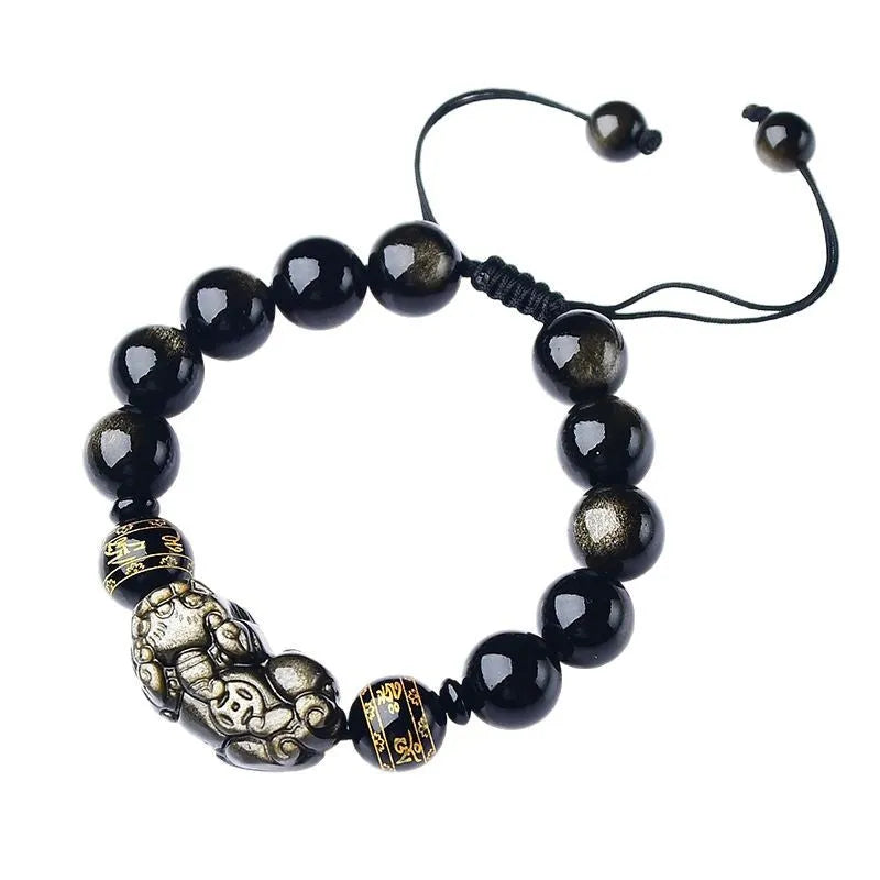 Natural golden obsidian Pi Xiu bracelet with hand-woven cord, showing four bead size options