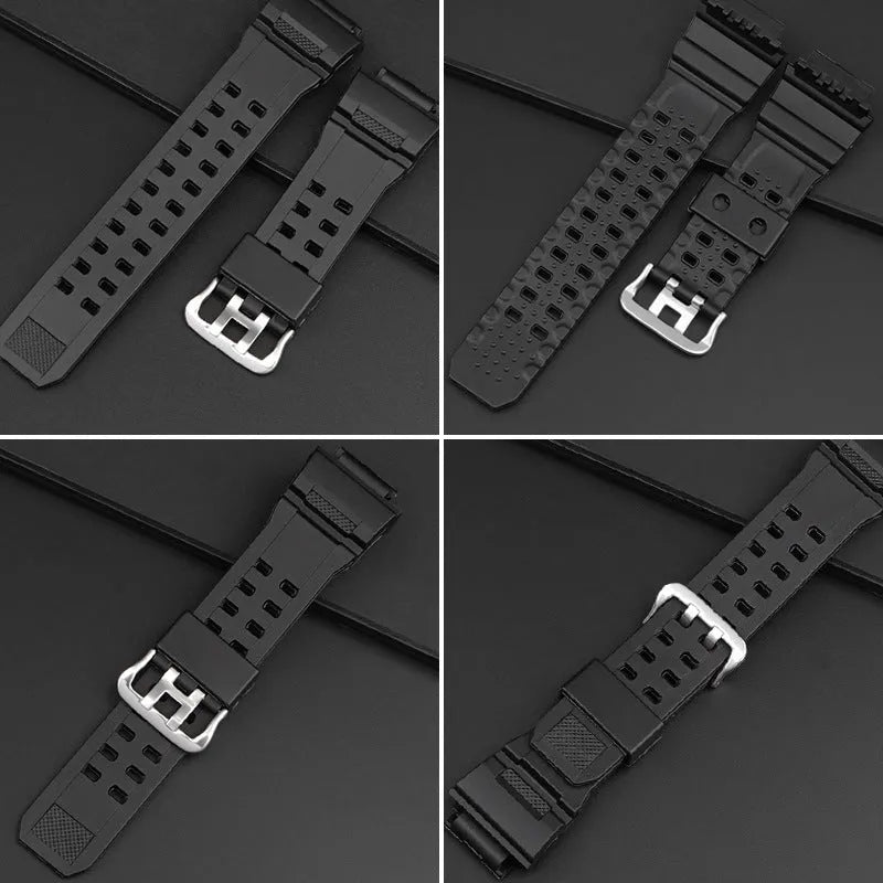 Camouflage pattern TPU rubber watch strap with silver buckle for G-Shock-style watches.