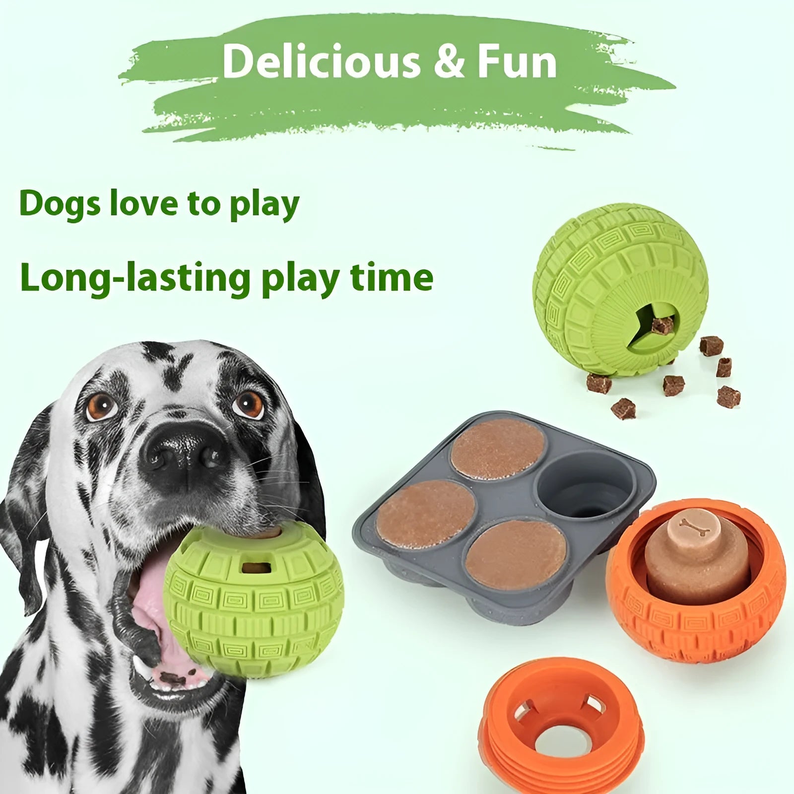 Green or orange natural rubber dog food dropping ball toy for interactive feeding.