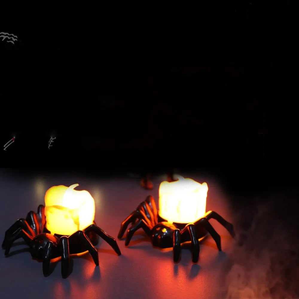 Halloween spider candlestick ornament with plastic construction and battery-powered lighting