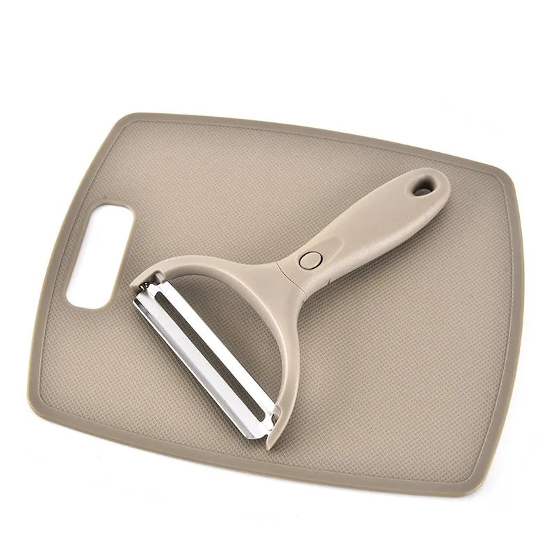 Green stainless steel cutter set with three tools and wheat straw chopping board for kitchen food preparation