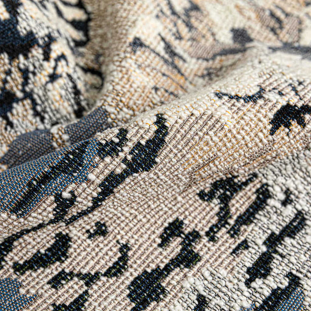 Chinese style decorative pillow cover with blue antique French floral pattern on wool blend fabric.